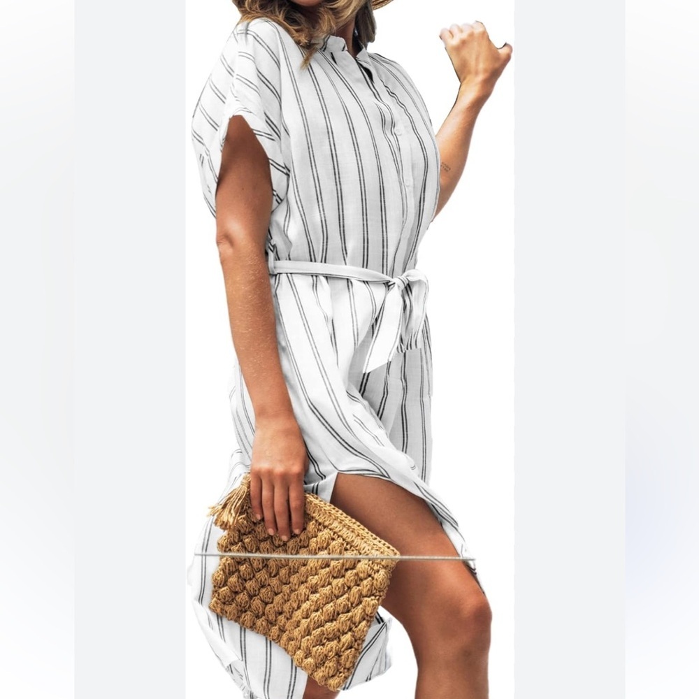 Ann Taylor Black and White Striped Midi Dress